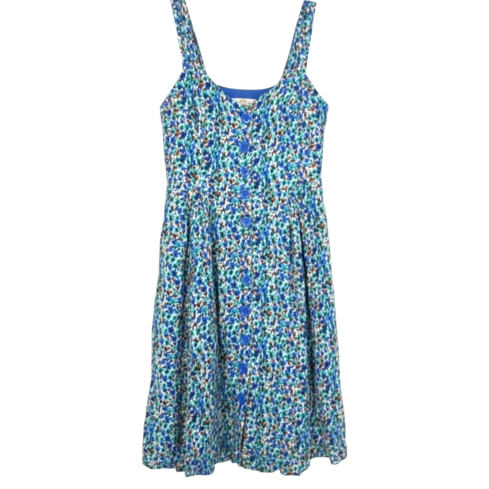 ARYEH Blue/Multi TWILL Button-Down SLEEVELESS Floral MIDI SUNDRESS DRESS Sz M